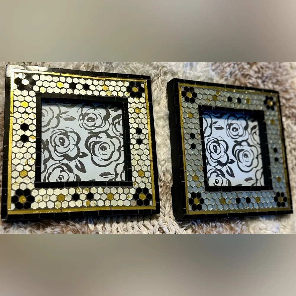 Anthropologie Mosaic Tile 4x4 Picture Frames — Set of 2, Black/White/Gold, NWT